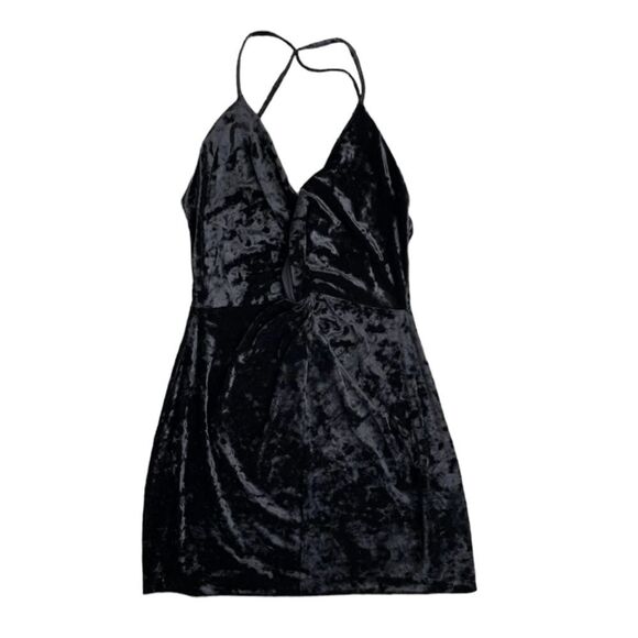 Zara Black Crushed Velvet Mini Dress Twist Front Low Back Strappy S - Picture 1 of 5